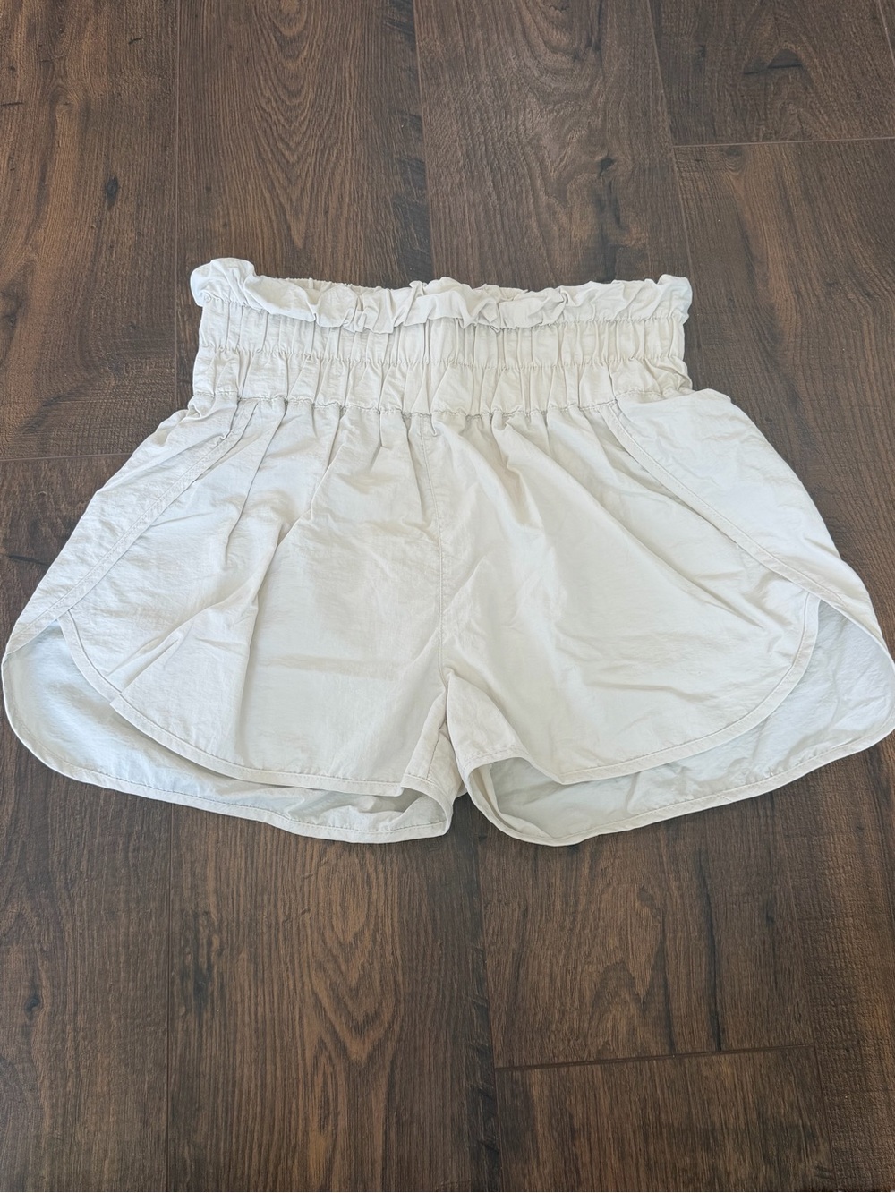 Zenana White/khaki Smocked Paperbag Waist Athletic Shorts